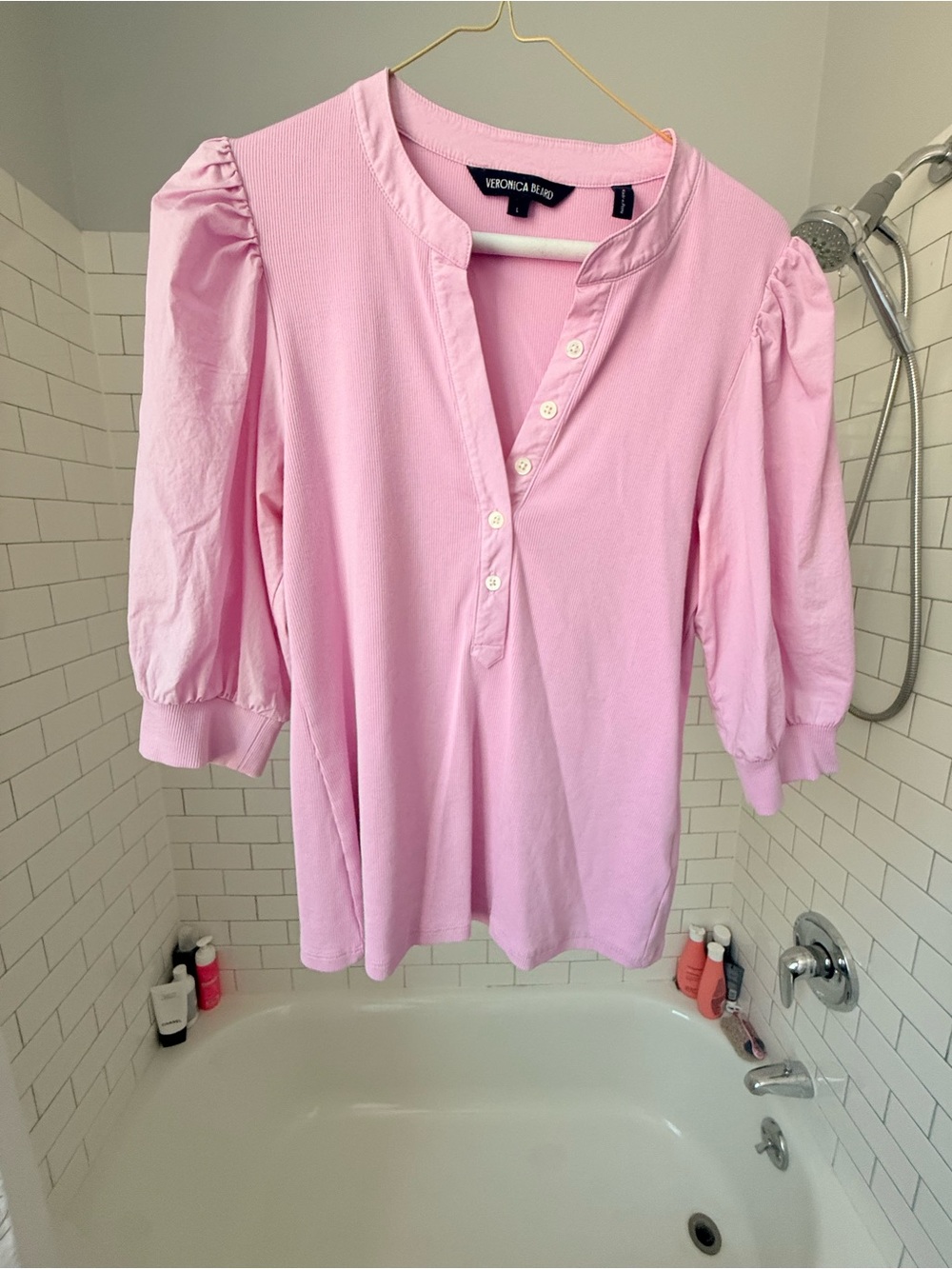 Veronica Beard Light Pink Puff-Sleeve Button Placket Top